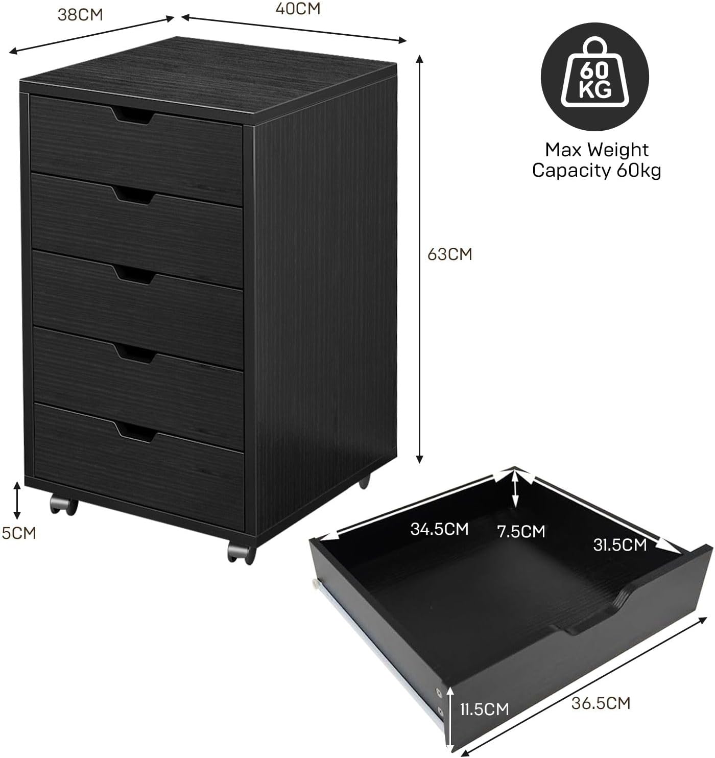 Commercial Printer - Aktenschrank mit 5 Schubladen, mobiler Dokumentenablage,